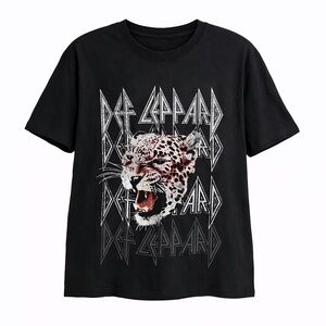 Def Leppard Black Graphic Band T-Shirt Leopard Print Short Sleeve Cotton Size M